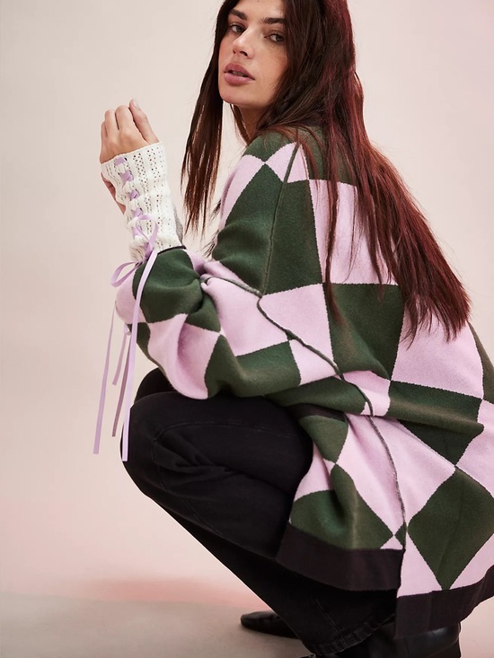Free People Sweaters - Free People We The Free Manny Green Pink Checkered Oversized Cardigan Sweater S